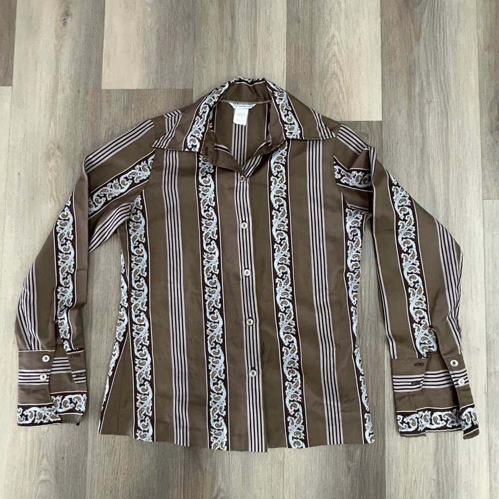 Alice Stuart Vintage Shirt Size 12 Brown Paisley Striped 70s Long Sleeve